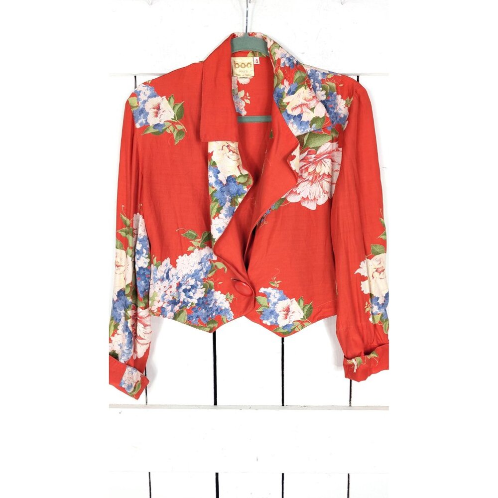 Vintage Paris France red floral cropped shirt blazer top - Picture 7 of 7